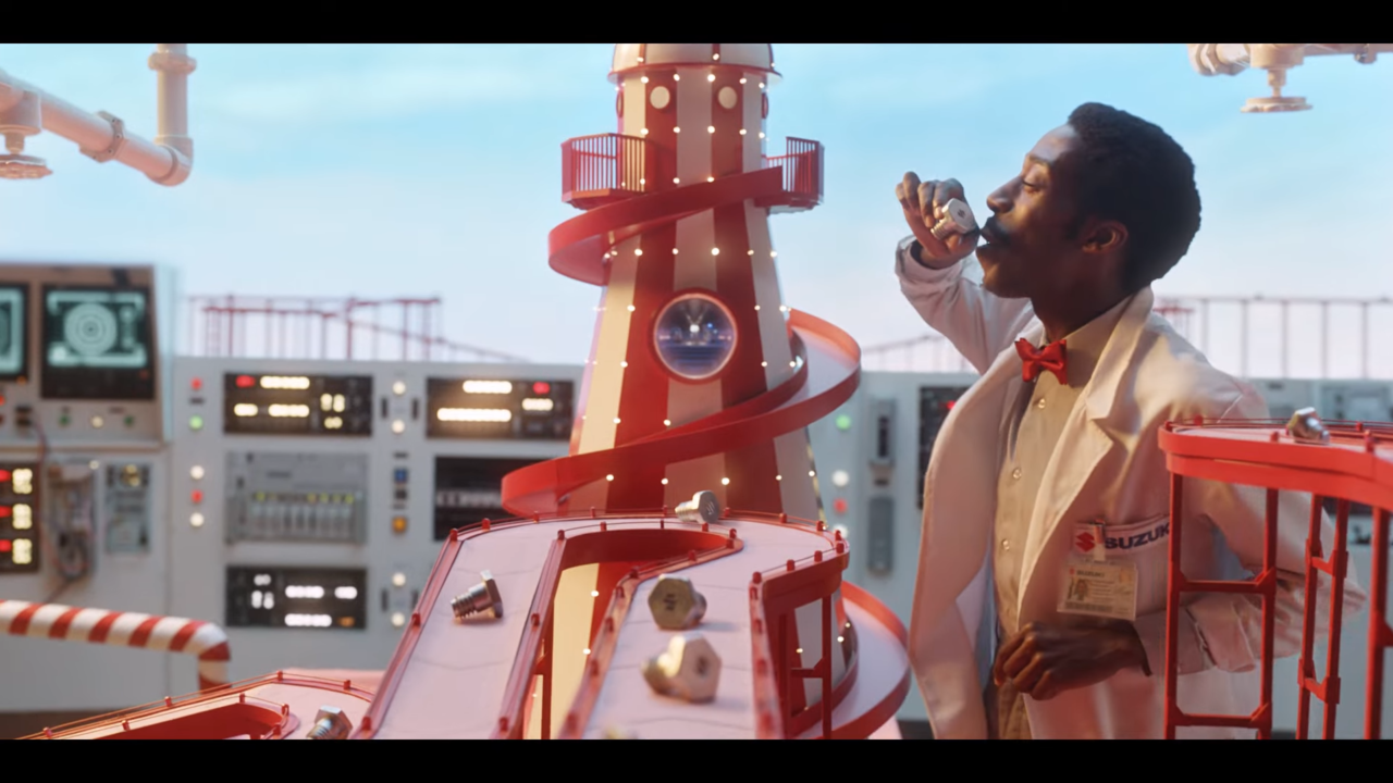 [AP신문광고평론 No.605]  나사에게 농담을 속삭이는 스즈키 공장 직원. 사진 영국 스즈키 유튜브 캡처 ⓒAP신문