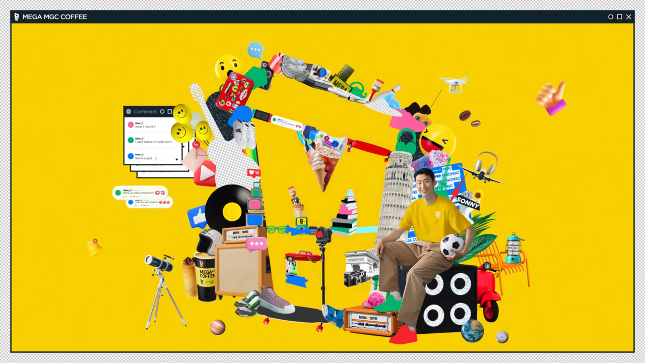 [AP신문 광고평론 No.631]  화려한 모션그래픽을 선보였으나 산만하다는 지적도 많다. 사진 메가커피 유튜브 캡처 ⓒAP신문​