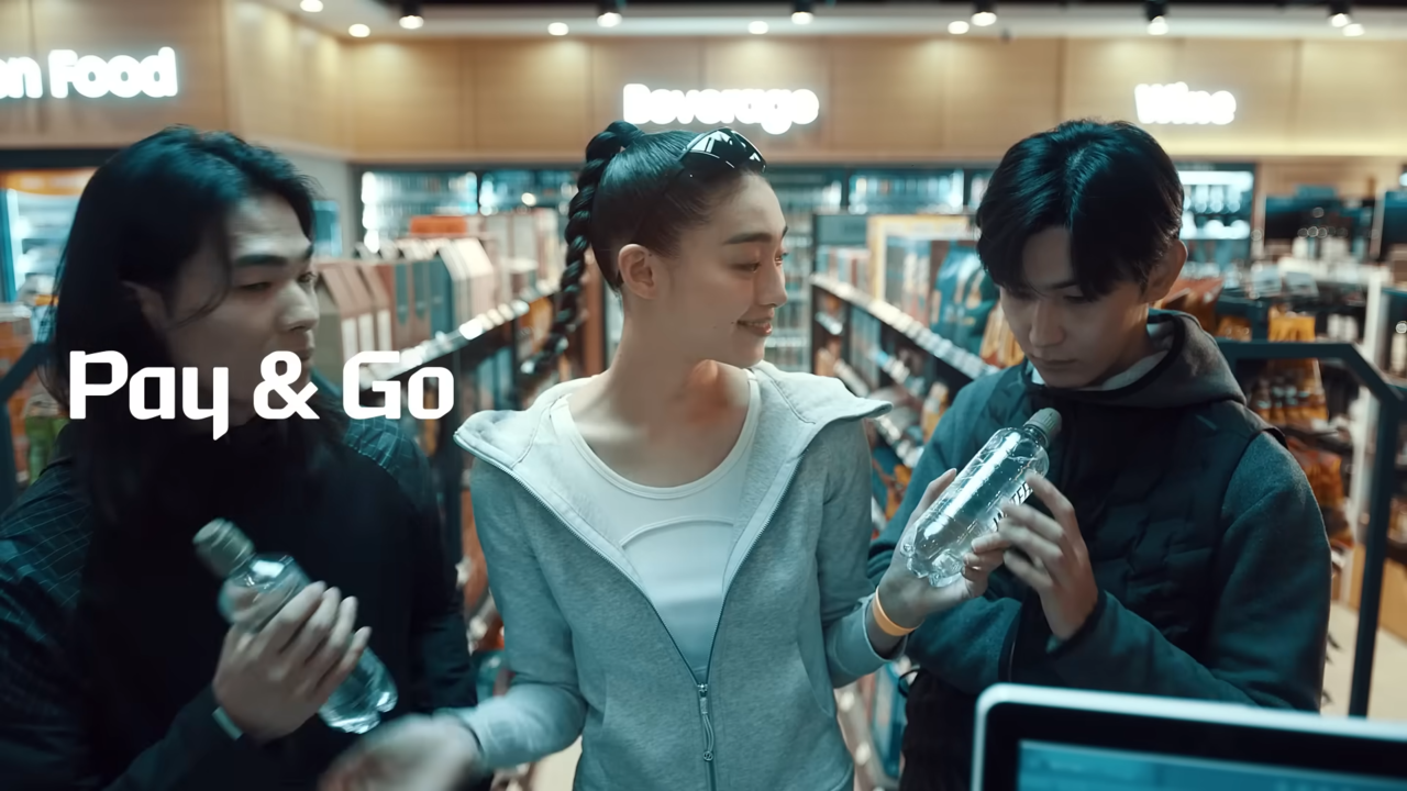 [AP신문 광고평론 No.768] 애플워치 속 애플페이로 결제 후 물을 건네주는 모습. 사진 현대카드 유튜브 캡처 ⓒAP신문