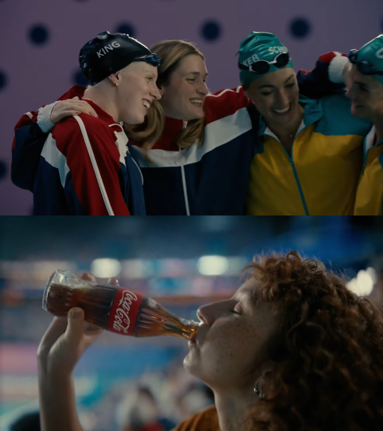[AP신문 광고평론 No.1076] ​​​​​​​(위) 실제 수영 선수들을 광고에 출연시켰다. (아래) 코카콜라를 마시는 관중. 사진 코카콜라 유튜브 캡처ⓒAP신문(AP뉴스)