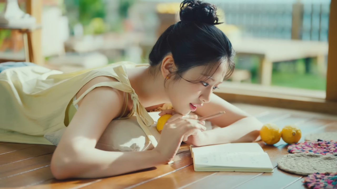 [AP신문 광고평론 No.1091]  ​​​​​​​레몬진 레시피를 보는 안유진. 사진 롯데칠성 주류 유튜브 캡처 ⓒAP신문(AP뉴스)