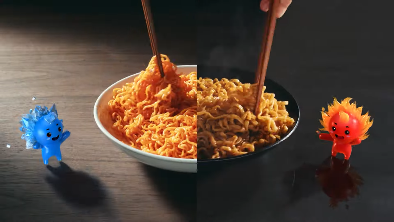 [AP신문 광고평론 No.1127]  ​​​​​​​(왼쪽)원조 팔도비빔면과 (오른쪽)팔도비빔면Ⅱ의 특성을 캐릭터 색으로 표현한다. 사진 팔도 유튜브 캡처ⓒAP신문(AP뉴스)