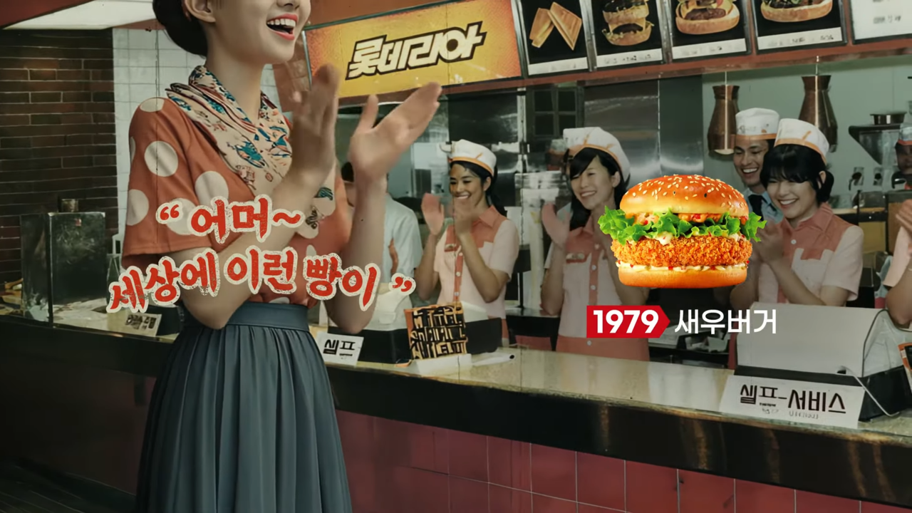 [AP신문 광고평론 No.1157]  1979년 새우버거 출시 당시 모습을 AI가 구현했다. 사진 롯데리아 유튜브 캡처ⓒAP신문(AP뉴스)