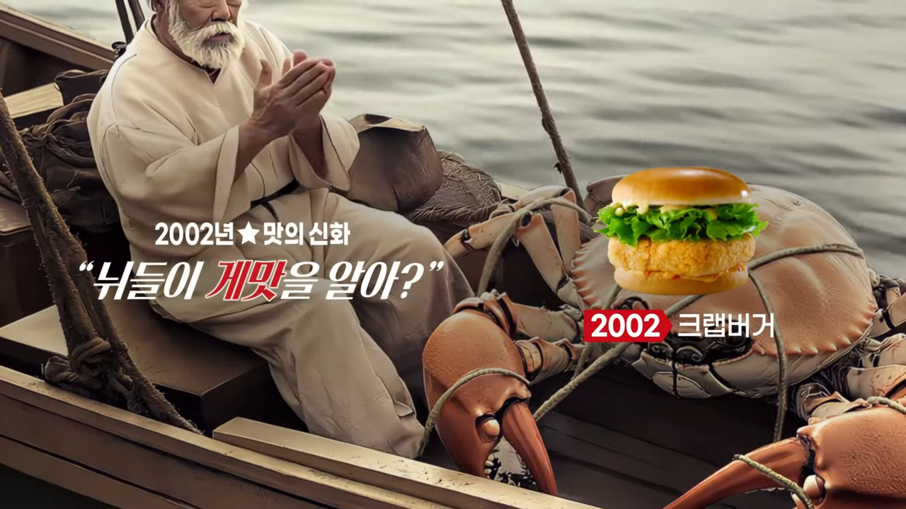 [AP신문 광고평론 No.1157]  ​​​​​​​2002년 원로배우 '신구'가 등장했던 크랩버거 광고를 AI가 재현했다. 사진 롯데리아 유튜브 캡처ⓒAP신문(AP뉴스)