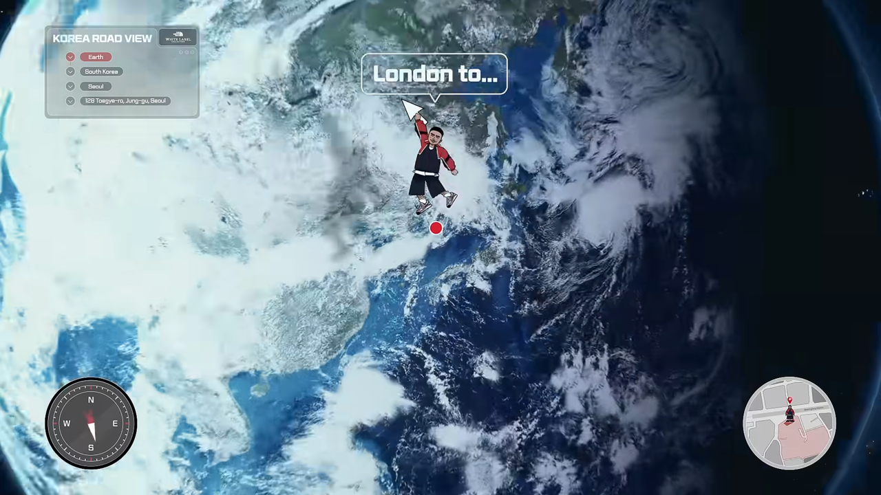 [AP신문 광고평론 No.1238]  ​​​​​​​런던에서 서울로 이동하는 모습을 그래픽으로 나타냈다. 사진 노스페이스 유튜브 캡처ⓒAP신문(AP뉴스)