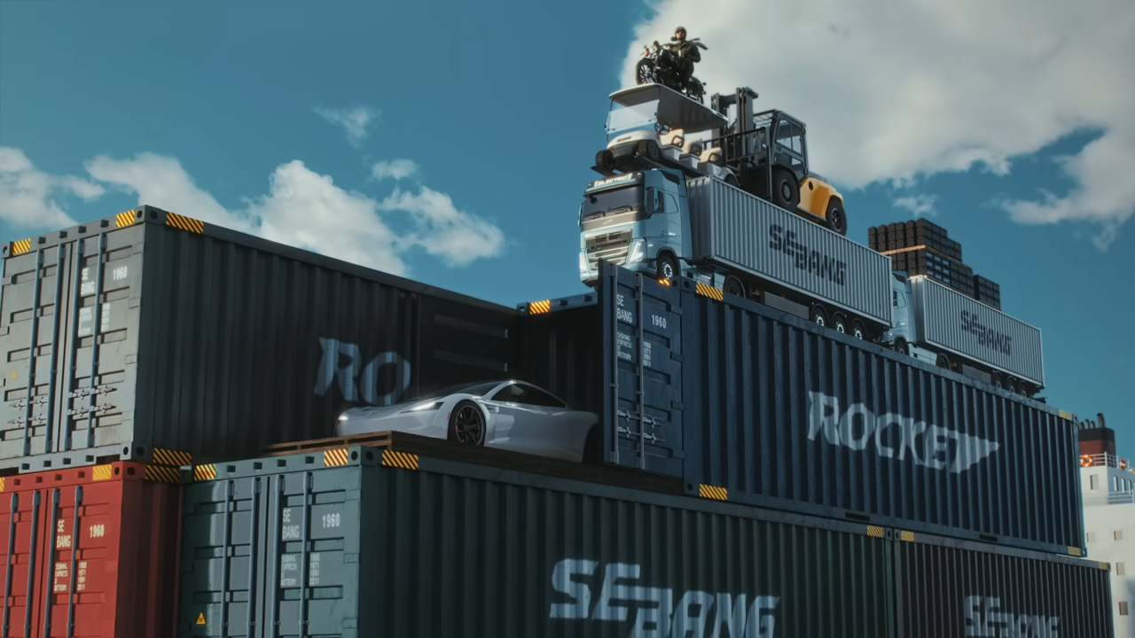 [AP신문 광고평론 No.1296] ​​​​​​​화면이 점점 줌아웃 되며 모터사이클 밑에 있는 컨테이너 등이 드러난다. 사진 세방그룹 유튜브 캡처ⓒAP신문(AP뉴스)