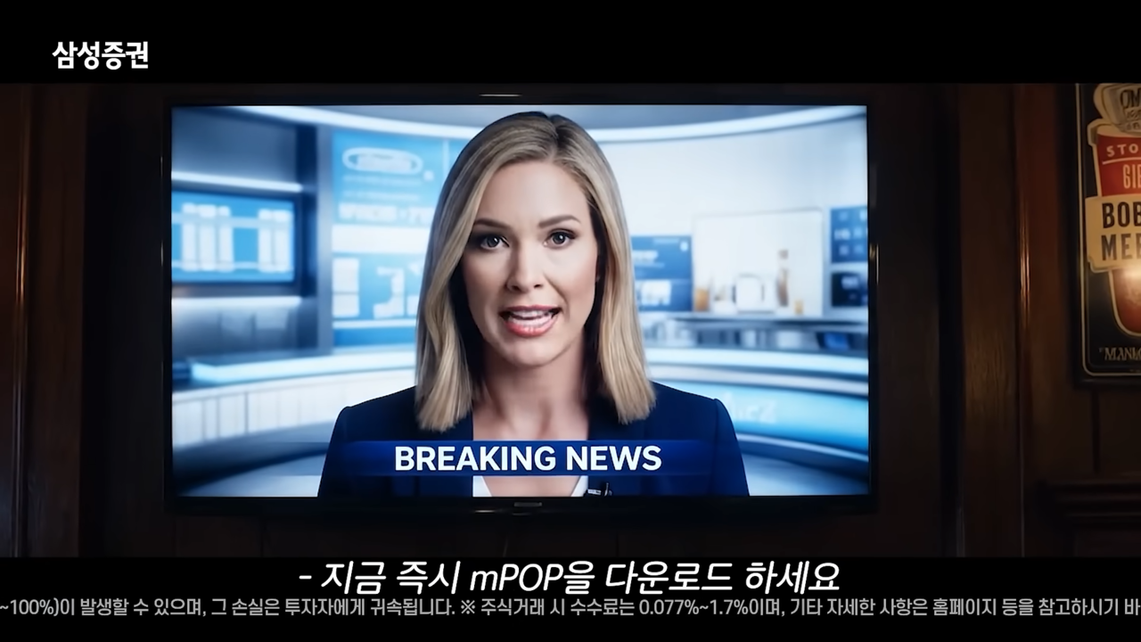 [AP신문 광고평론 No.1333]  ​​​​​​​뉴스 아나운서가 'mPOP'을 다운로드하라고 말하고 있다. 사진 삼성증권 유튜브 캡처ⓒAP신문(AP뉴스)