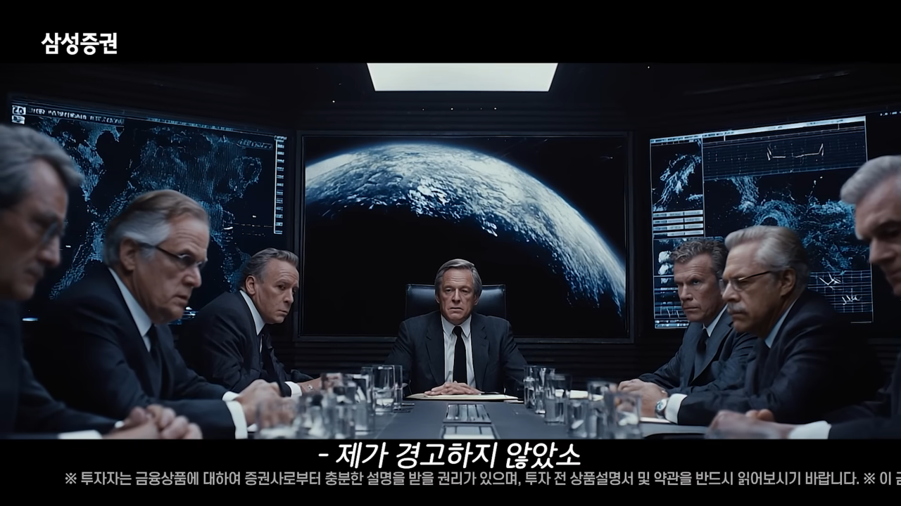 [AP신문 광고평론 No.1333]  ​​​​​​​운석 충돌을 두고 회의하는 사람들. 사진 삼성증권 유튜브 캡처ⓒAP신문(AP뉴스)
