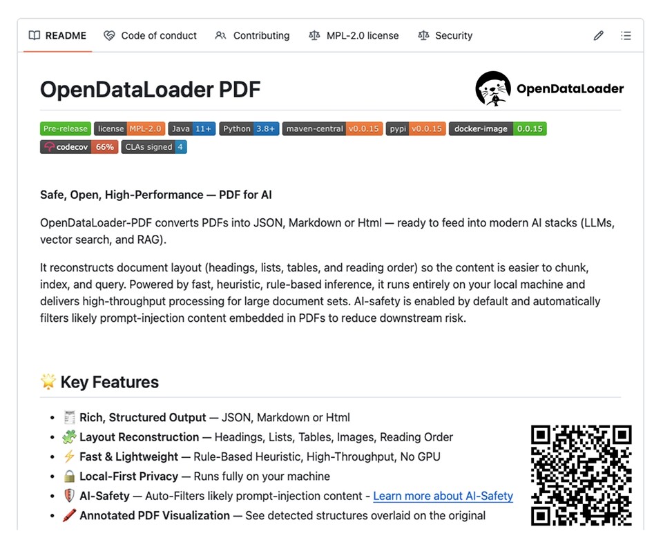 ©AP신문(AP뉴스)/이미지 제공 = 한컴그룹 ▲한컴이 공개한 오픈데이터로더 PDF 공식 깃허브 페이지