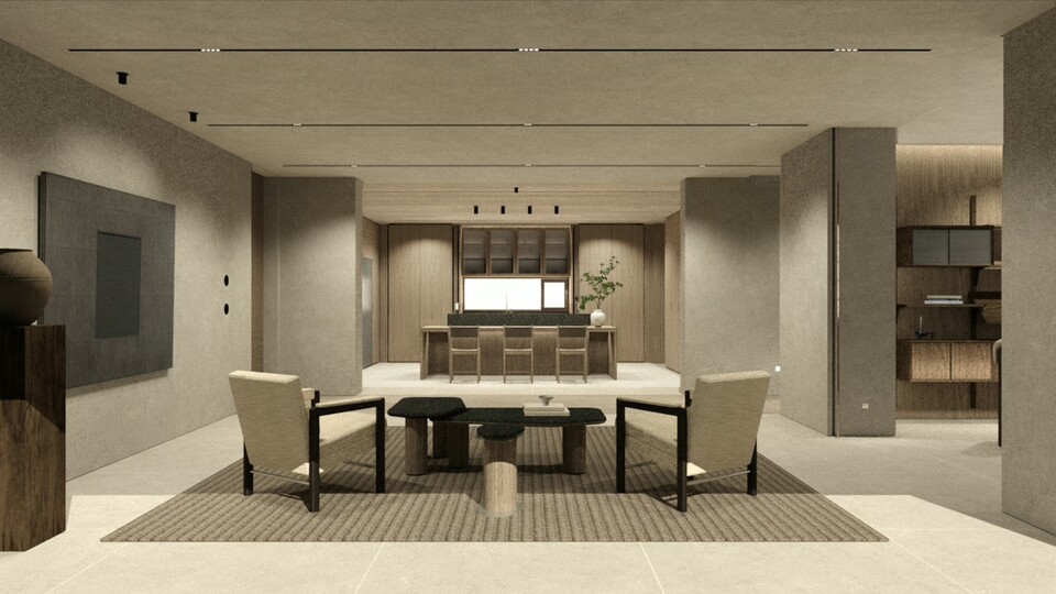 ©AP신문(AP뉴스)/이미지 제공 = 포스코이앤씨 ▲‘아틀리에 에디션’이 적용된 거실·다이닝·키친 공간 전경. 절제된 톤과 여백, 자연 소재가 강조된 갤러리형 리빙룸이 펼쳐져 있다.