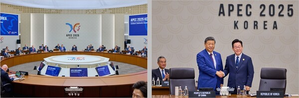 ⓒAP신문(AP뉴스) / (사진 왼쪽) APEC 정상 본회의장에 비치된 21개국 정상용 코아스 ‘마루:온’ 의자 /  APEC 정상회의장 ‘마루:온’ 의자 앞 이재명 대통령과 중국 시진핑 주석 (출처: 대통령실 홈페이지)